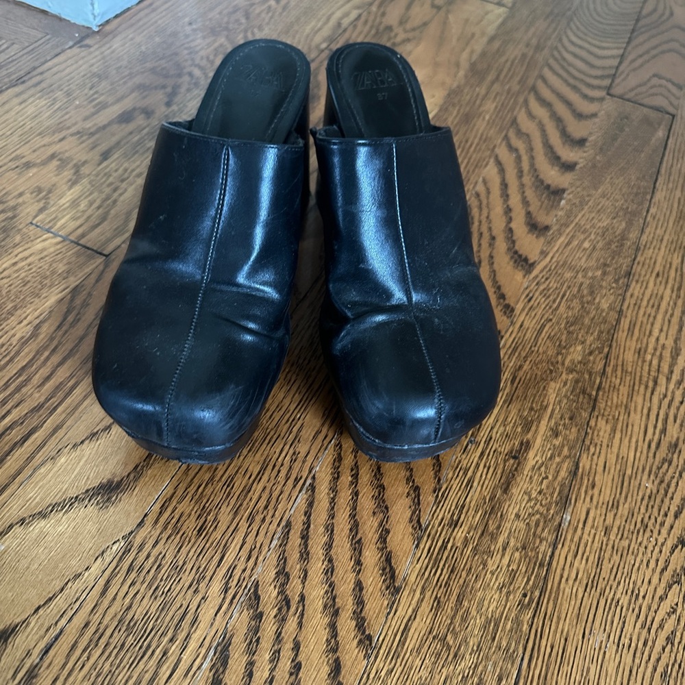 Zara Black Leather Block Heel Mules - Picture 3 of 4